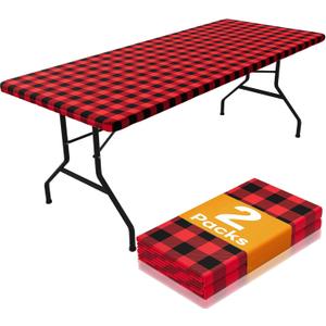 Smiry Picnic Table Cloth 2 Pack, Waterproof Elastic Fitted Tablecloths for 6FT Rectangle Tables, Washable Polyester Buffalo Plaid Tablecloth for Camping, Dining & Christmas(Black & Red, 30" x 72")