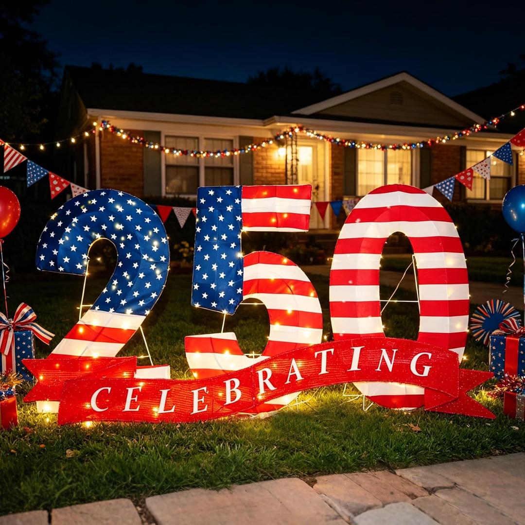 USA 250th Anniversary Light Up Numbers, Patriotic Outdoor Yard Decoration with 99 Lights, Independence Day Lawn Decor for Front Yard, Garden, Porch, Walkway and Holiday Celebrations