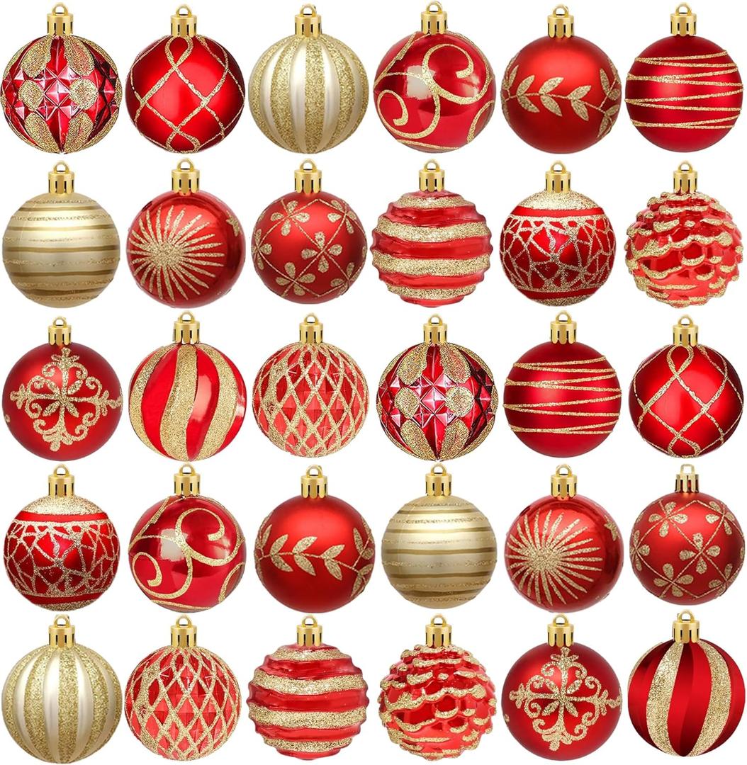 30 Pcs Christmas Red Gold Balls Ornaments in15 Styles,2.36'' Shatterproof Christmas Ball Ornament,Hand-Painted Ornament Bulk for Christmas Tree for Christmas Tree Decor Holiday (Blue)