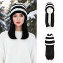 S-noilite Beanie Wig Hair Extensions,Natural Black Long Wavy Hair Extensions with Knitted Hat Wigs for Women 11 Inch