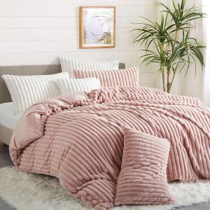 Nayoroom Fluffy Faux Fur Duvet Cover King Size Velvet Flannel Blush Pink Striped Reversible Comforter Cover Winter Warm 3 Pcs Luxury Soft Shaggy Plush Fuzzy Bedding Set with Zipper Closure