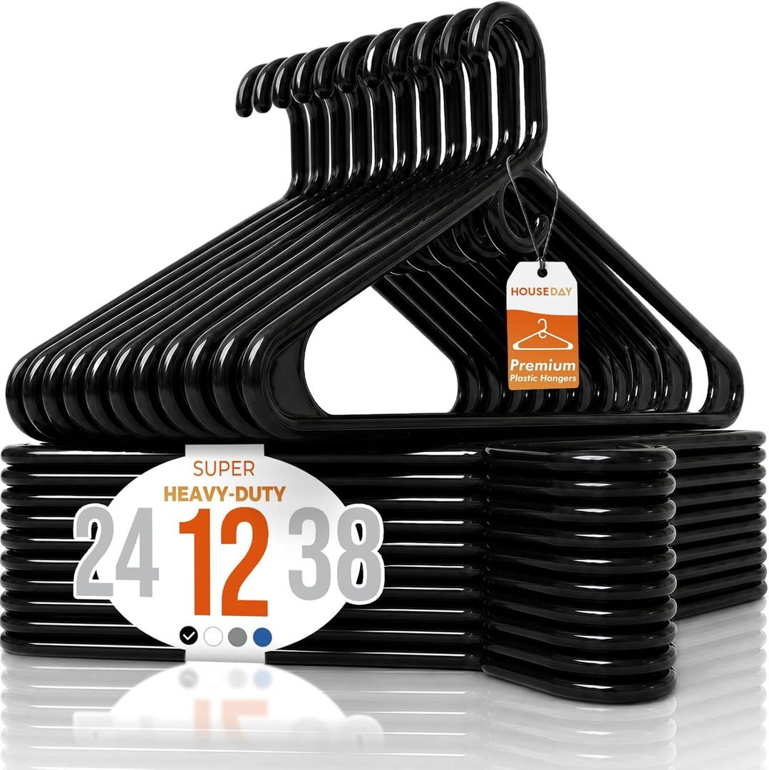 HOUSE DAY Premium Heavy Duty Plastic Hangers 12 Pack - Ultra Thick Black Clothes Hangers - 20 lb Capacity - Sturdy Hangers for Coats, Jackets, Suits & Jeans - Closet Organizer for Dorm, Apartment