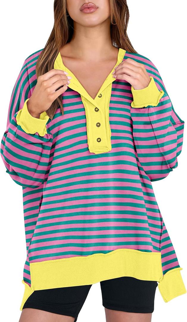 Caracilia Women's Oversized Sweatshirts Long Sleeve Henley Button Down Pullover Hoodies Tunic Tops 2025 Trendy Fall Clothes Striped Pink XXL (XXL)