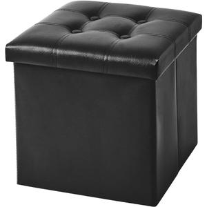 YOUDENOVA 15 inches Folding Storage Ottoman, Cube Storage Boxes Footrest Stool, Small Ottomans with Foam Padded Seat, Support 300lbs (White, Leather)