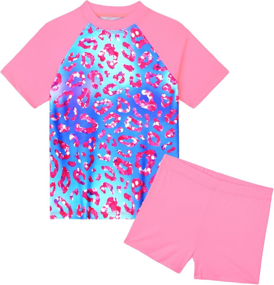 Girls Swimsuit Colorful Short Sleeve Bathing Suits UPF 50+ Rash Guard Set Two Piece Summer Swimwear