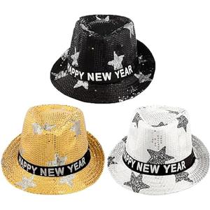 3 Pcs Happy New Year Party Hat Sequin Fedora Hat Flashing New Years
