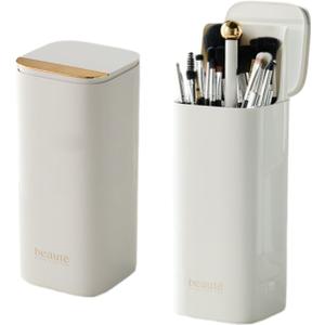 Makeup Brush Holder with Lid, Automatic Lifting Waterproof Dustproof Makeup Brushes Organizer for Vanity Desktop Bathroom Countertop(White)