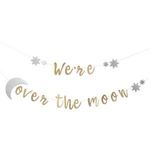 WeRe Over The Moon Banner - Over The Moon Baby Shower Decoration,Gender Reveal Wall Hanging Banner,Golden Glitter Party Wall Decoration (moon banner golden)