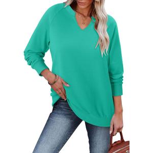 StunShow Women Sweatshirts Long Sleeve Shirts V Neck Casual Cute Loose Fit Lightweight Pullover Tops (Small, 1a Turquoise)