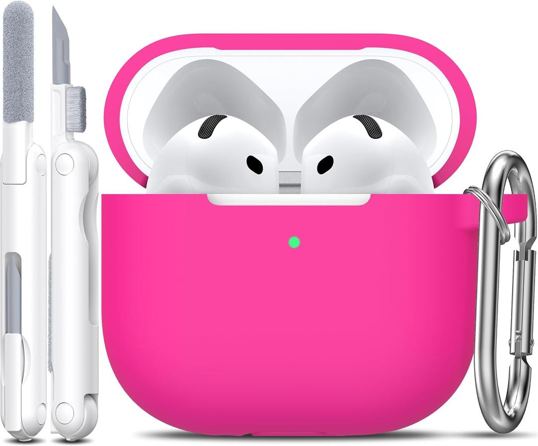 R-fun AirPods 4 Case With Cleaner Kit, Full Protective Soft Skin Silicone Cover With Keychain for Men Women, Compatible With Apple AirPods 4th Generation 2024, Rose Pink