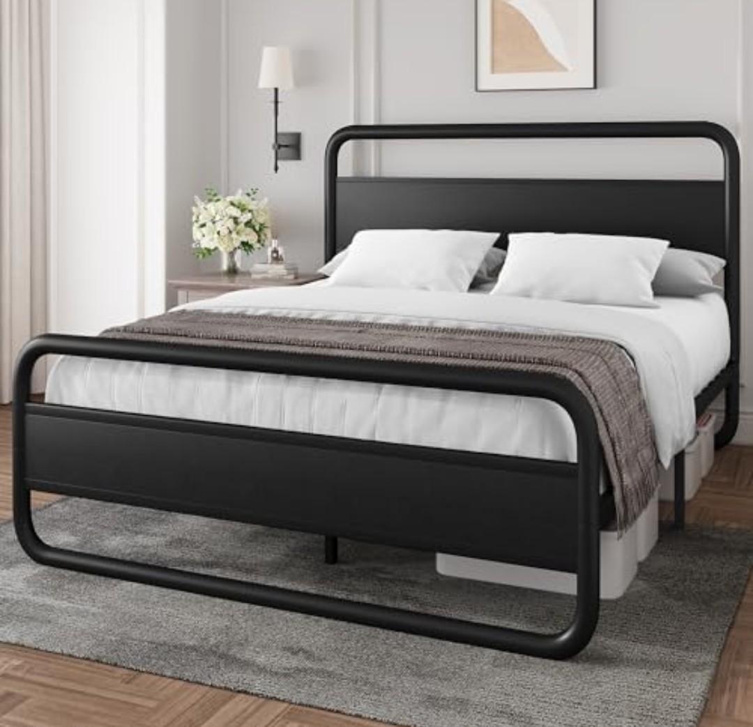 YITAHOME Queen Metal Bed Frame King Size with Headboard and Footboard Single Platform Mattress Base,Metal Tube and Iron-Art Bed,Black