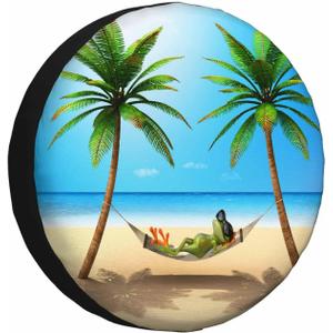 Green Frog Spare Tire Cover Beach Sunbath Hammok Relax Palm Tree Sky Weatherproof Universal Wheel Protectors Camper Tire Covers for Trailer Rv Travel(17 inch) (17" fits tire cover diameter 31"-35")