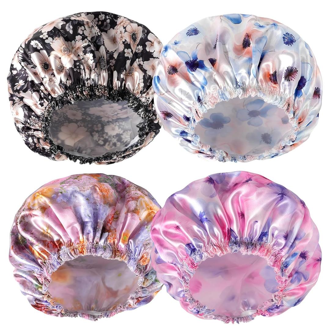 2 x Shower Caps for Women, 4 PCS Reusable Waterproof Bath Cap | Double Layer, Washable, Wide Elastic Band, Holds Long Hair, Caps for Bath Accessories, Spa, Travel Home - Flower C
