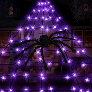 PUHONG Halloween Decorations 19.6Ft Spider Web Lights with 250 LEDs 8 Modes Waterproof Outdoor Plug-in Triangular Spider Web with Purple Lights for Yard Home Parties Haunted House Decor