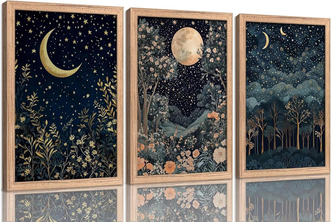 Framed Dark Moon and Forest Wall Art, Gothic Cottagecore Botanical Floral Painting Canvas Prints, Moody Night Stars Landscape Wall Decor, Dark Academia Poster Artwork for Living Room Bedroom Office
