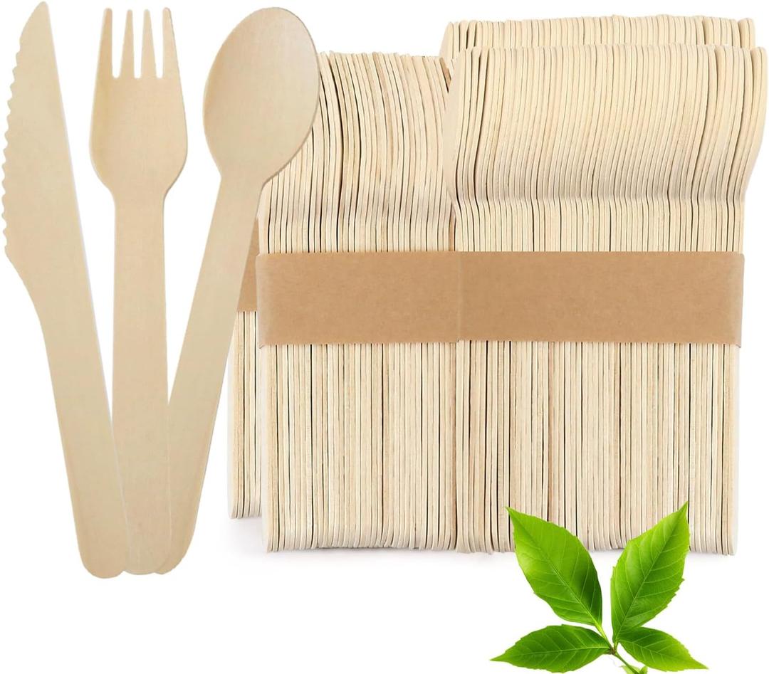 100% Compostable Wooden Cutlery Set 300PCS 160mm 50 Knives, 100 Forks, 150 SpoonsDisposable Wooden Cutlery, Eco Friendly Forks And Spoons Disposable Cutlery Set Party Utensils