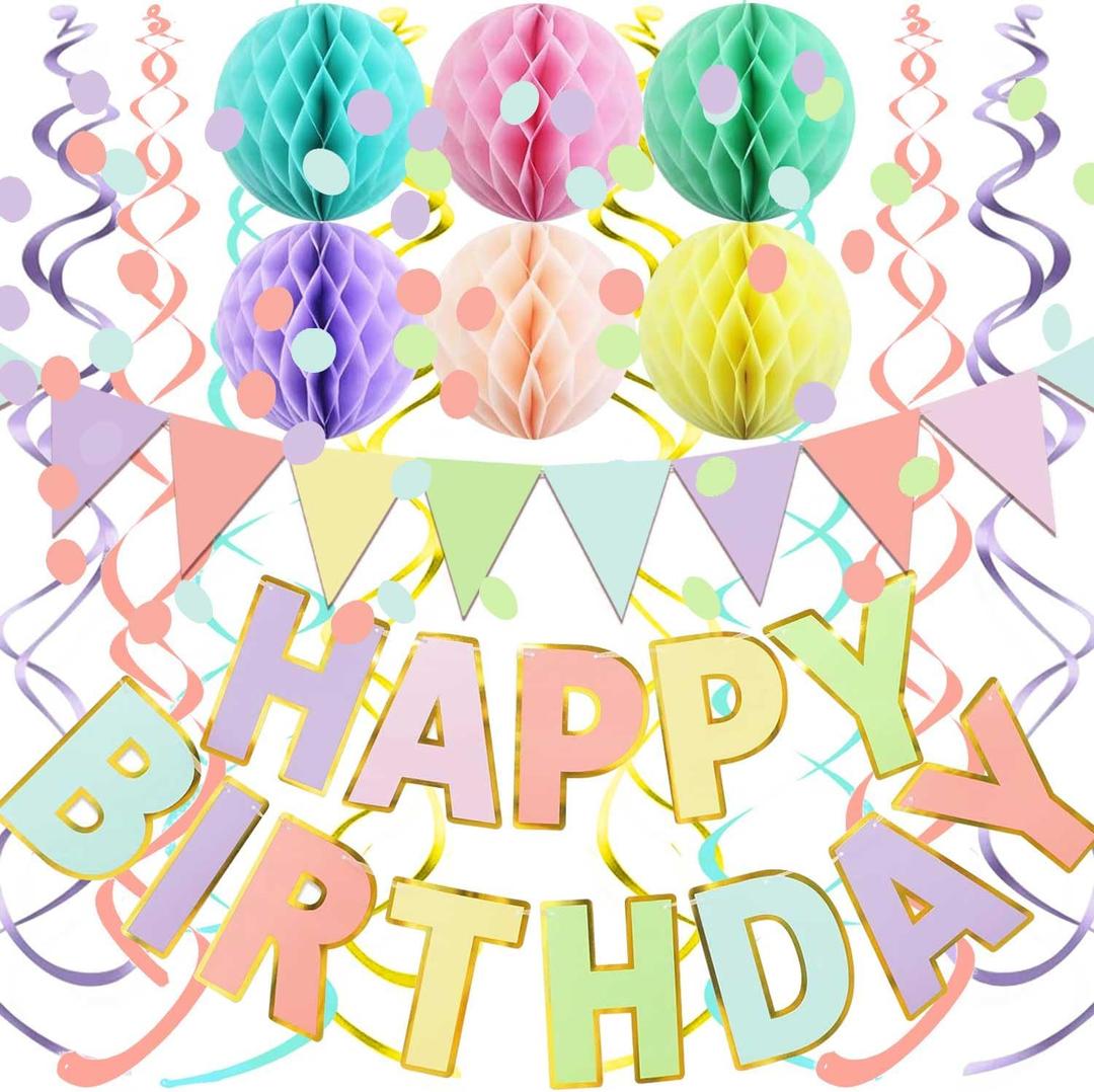 Fecedy Macaron Superlarge Alphabet Happy Birthday Banner Colorful Flag Bunting Circle Confetti Garland Swirl Streamers Honeycomb Ball for Birthday Party Decorations (Multi-colored)