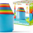 KIDSTHRILL Rainbow Colors Baby Stacking Cups for Toddlers, Tall Baby Stacking Toys Nesting Cups, Drain Holes for Bath Toys, Educational & Motor Skills Sorting & Nesting for 1 2 3 Years Old