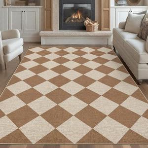 GarveeHome Easy Jute 8x10 Area Rugs for Living Room Checkered Rugs Machine Washable Non-Slip Backing Indoor Outdoor Carpets for Farmhouse Dining Room Nursery Patio Brown