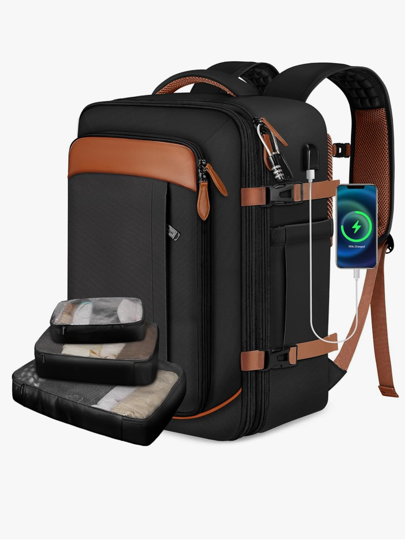 Vancropak 40L Travel Backpack for Women & Men, Large Expandable Carry on Backpack for Airplanes with 3 Packing Cubes, Airline Approved Water Resistant Anti Theft Travel Bag fit 17" Laptop, Black Brown