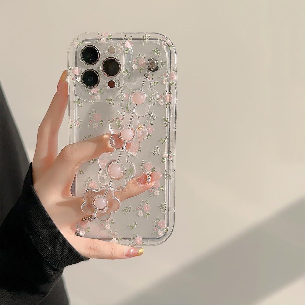 Compatible with iPhone 15 Plus Cute Case for Women, 3D Bracelet Crystal Clear Bling Flower Wrist Hand Strap Chain Lovely Protective Cover for Women Girls Clear Transparent Case