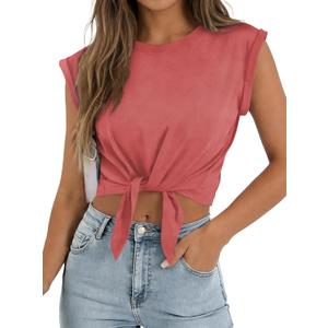 SOFIA'S CHOICE Women Summer Tie Front Crop Tops Crewneck Cap Sleeve Ruched T-Shirt Tops Red X-Large (XL)