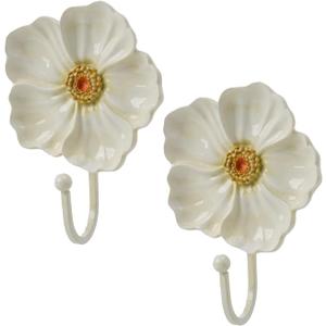 Guichifun Flower Coat Hooks Wall Decor - 2pcs Resin White Decorative Wall Hooks for Hanging Clothes Coats Towels Keys Bags Hats Bathroom Home Decoration Gift 4.3 x 2.2 x 6 Inch (White and Yellow)