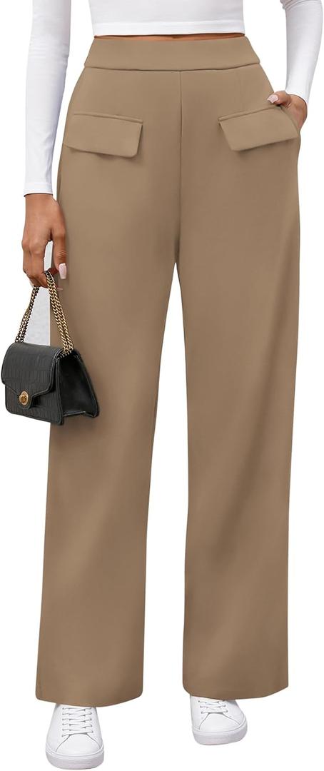 BTFBM Women's Pants 2025 Fall Elastic High Waisted Trousers Stretchy Comfy Lounge Palazzo Pant Wide Leg Sweatpants (X-Large, Khaki)