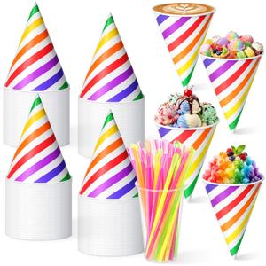 Honeydak 200 Pcs Snow Cone Cups with Straws, 6 oz Disposable Paper Cone Cups for Shaved Ice, Syrups and Ice Cream, Summer Party Supplies for Events and Gatherings