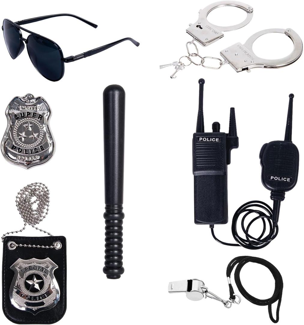 7 Pcs Police Costume Accessories,Police Officer Pretend Play Accesserioes Set with Sunglasses,Badges,Handcuffs,Baton,Whistle and Walkie-Talkies
