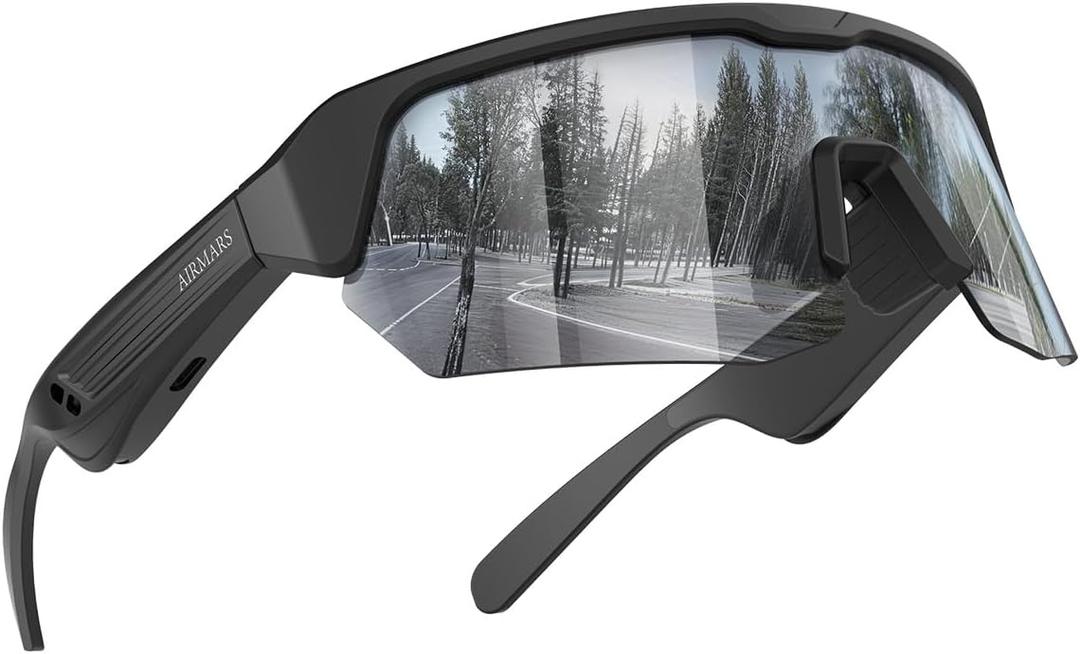 AIRMARS Bluetooth Sunglasses for Men and Women, Built-in Mic & Speakers, Polarized Sport Smart glasses for Running/Cycling, UV Protection, Voice Control (Black)