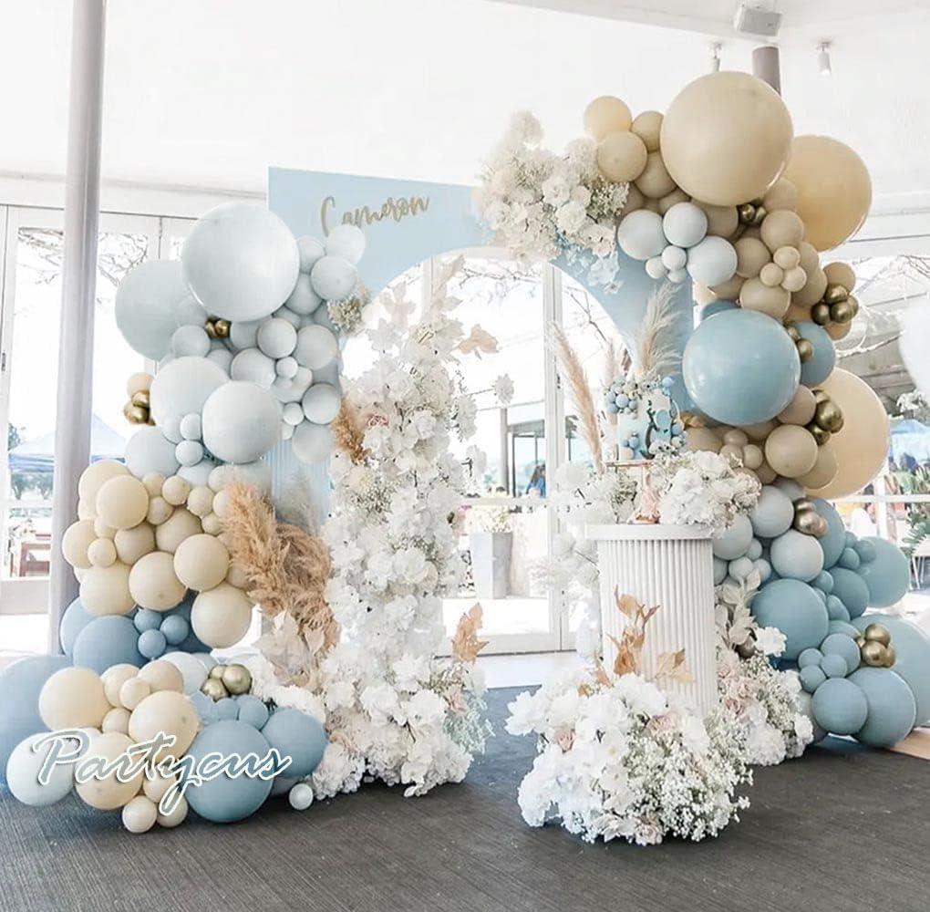 Dusty Blue White Sand Balloon Garland Double Stuffed Pastel Light Blue Cream Beige Matte Balloon Arch Kit with Gold Latex for Neutral Baby Shower Wedding Birthday Summer Party Decoration