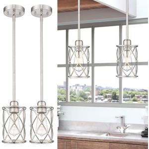 Brushed Nickel Pendant Lights Kitchen Island 2 Pack, Mini Glass Pendant Light Fixtures with Clear Glass, Modern Hanging Lighting for Kitchen Sink Dining Room Bathroom, CH9176BN-2PK