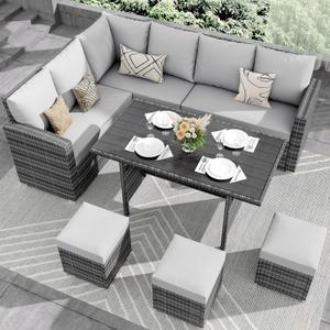 IDEALHOUSE 7 Pieces Outdoor Dining Set,Patio Sectional Sofa Conversation Set All Weather Wicker Rattan Couch Dining Table & Chair with Ottoman (Grey Rattan + Grey Cushions)