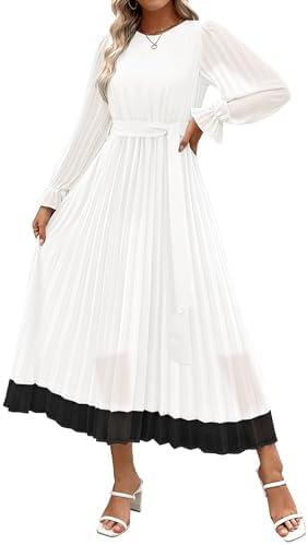 ZESICA Women's Spring Long Sleeve Chiffon Dress Casual Crew Neck Pleated A Line Flowy Midi Dresses with Belt, S, White