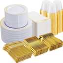 NOCCUR 700PCS Gold Plastic Plates - Gold Disposable Dinnerware Set for 100 - Include 200 Dinner/Dessert Plates, 300 Cutlery, 100 Cups, 100 Napkins, Idea for Wedding/Party/New Year