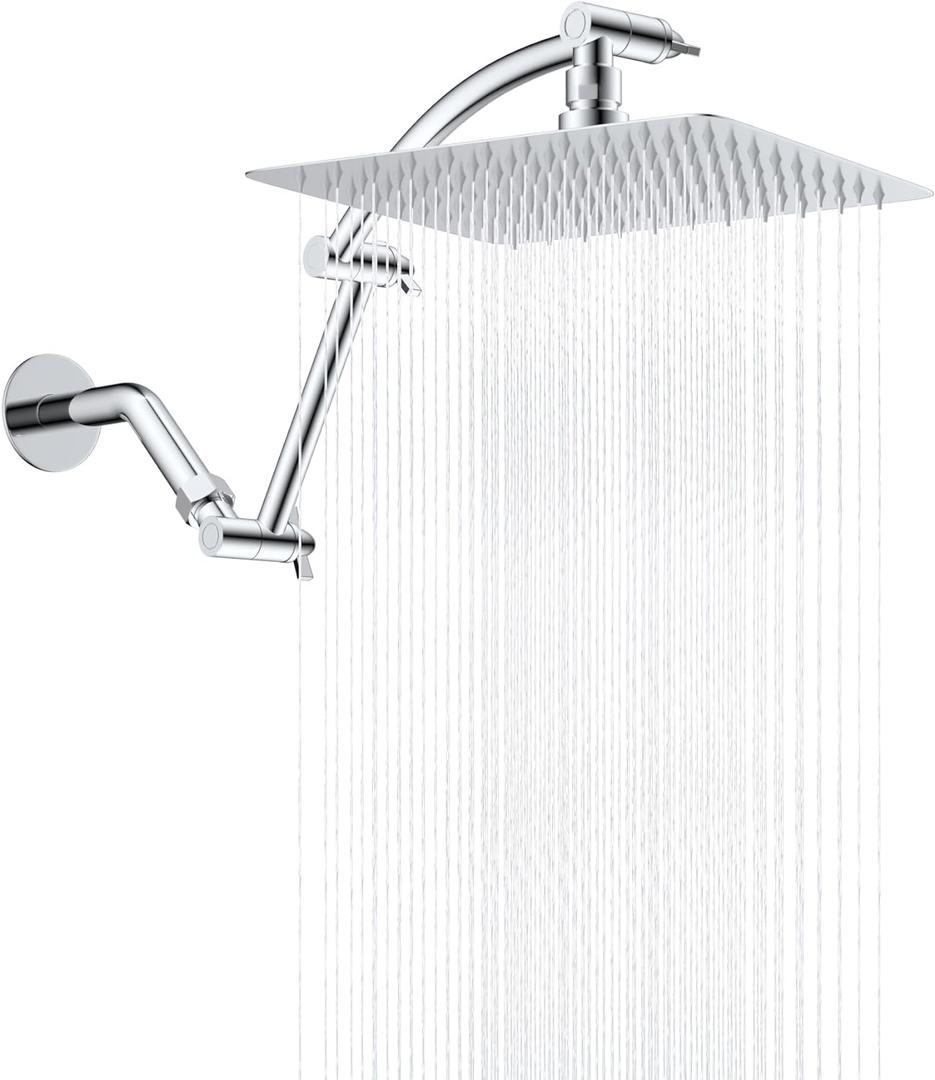 Hibbent All Metal cUPC Certified Rain Shower Head, 10'' High Pressure Rainfall Showerhead with 16" Shower Head Extension Arm, Solid Brass Adjustable Shower Arm Extender, fixed Showerheads, Chrome