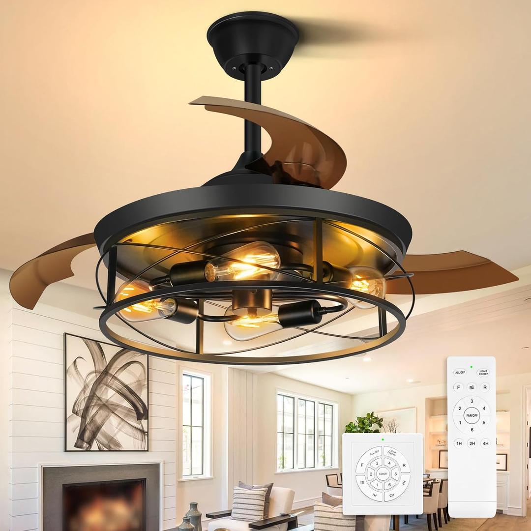 42Inch Retractable Ceiling Fans with Lights Remote Control Caged Industrial Farmhouse Ceiling Fans Rustic Black Ceiling Fan for Living Room Bedroom Patio Kitchen
