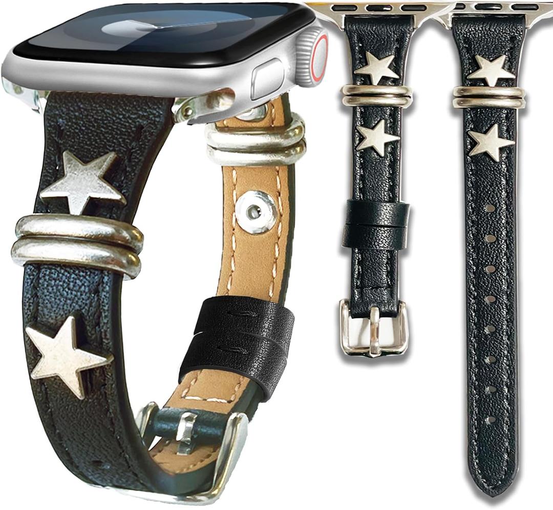 Leather slim Brown Black Star Band Compatible Apple Watch Women 38mm 40mm 41mm 44mm 42mm 46mm 45mm 49mm.Jullstar Starlight Metal Charms Dressy Strap for iphone Watch Series Ultra SE 10 9 8 7 6 5 4 3 2 1