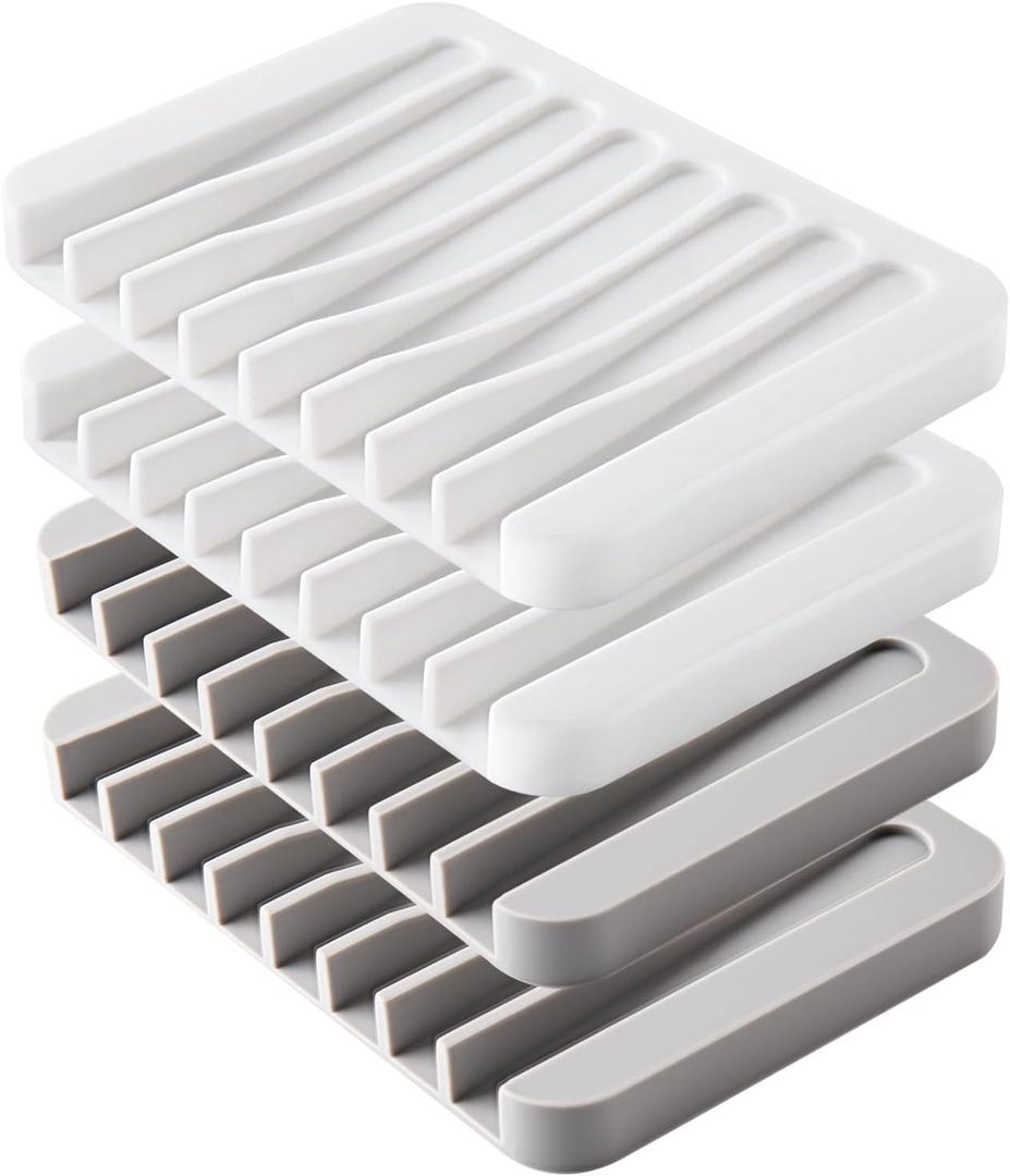 4PCS Silicone Soap Dishes for Shower, Upgrade Self-Draining Bar Soap Holder, Premium Sponge Holder for Sink, Kitchen, Bathroom, or Counter, Easy Clean, Can Extend Soap Life (White & Gray)