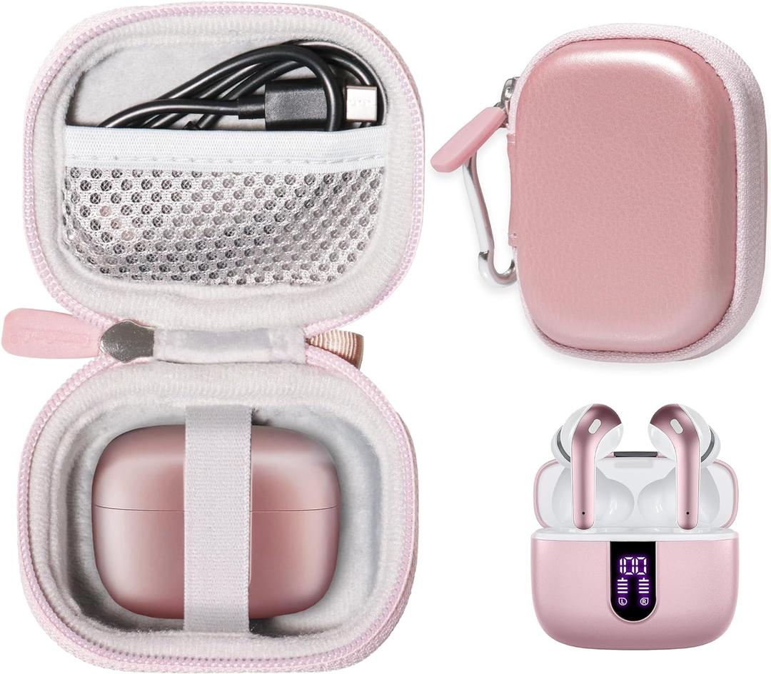 Case for TAGRY X08 Bluetooth Headphones True Wireless Earbuds 60H, mesh Pocket for Charge Cable (Rose Gold)