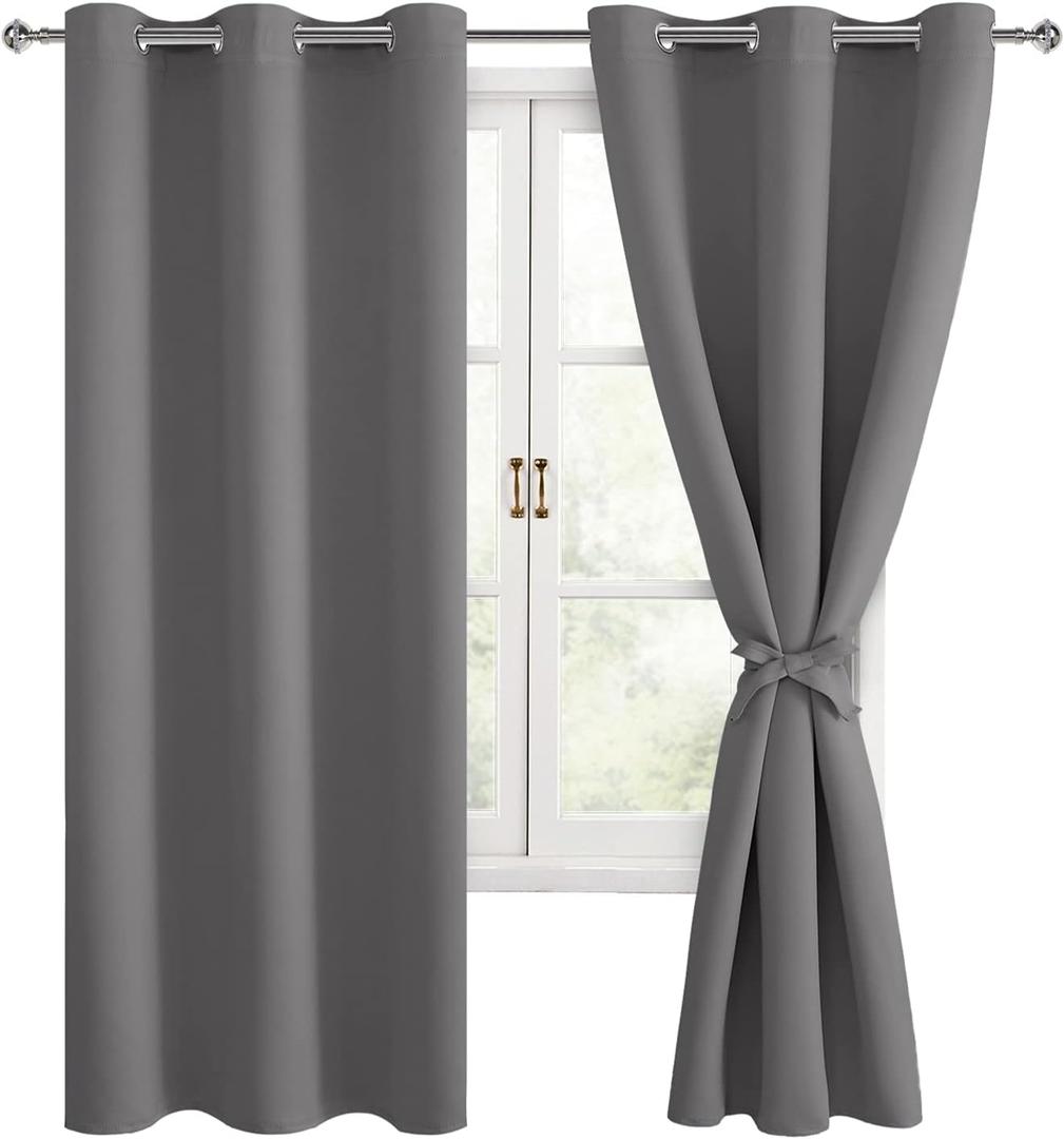 Hiasan Blackout Curtains for Bedroom, 42 x 63 Inches Length - Thermal Insulated & Light Blocking Window Curtains for Living Room, 2 Drape Panels Sewn with Tiebacks, Light Grey