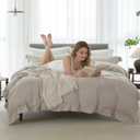 Cooling King Duvet Cover Set 3 Pieces-100% Washed Cotton with Chic Wide Trim Design Linen Like Textured Ultra Soft Cozy Bedding with Zipper Closure(Hemmed Beige Grey,King 104"x90")