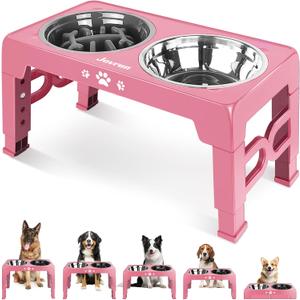 Jovrun Elevated Dog Bowls for Medium Large Size Dogs, Non-Slip Dog Feeder with 1*Stainless Steel Dishes & 1*Slow Feeder Bowl, 5 Heights Adjustable Raised Bowls to 3.15-8.66-9.84-11.02-12.2 (Pink)
