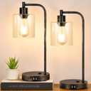 Industrial Touch Table Lamps Set of 2 - Rustic Black Bedside Lamps with 2 USB Ports & AC Outlet, 3-Way Dimmable Nightstand Desk Lamp for Bedroom Living Room Farmhouse, Glass Shade & LED Bulbs Included