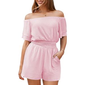 Fixmatti Womens Off The Shoulder Romper Short Sleeve Smocked Waist Mini Jumpsuit with pockets (M)