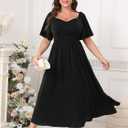 Plus Size Dress Wedding Guest Semi Formal Ruffle Short Sleeve Sweetheart Neckline Slit A Line Flowy Maxi Dresses (Black)