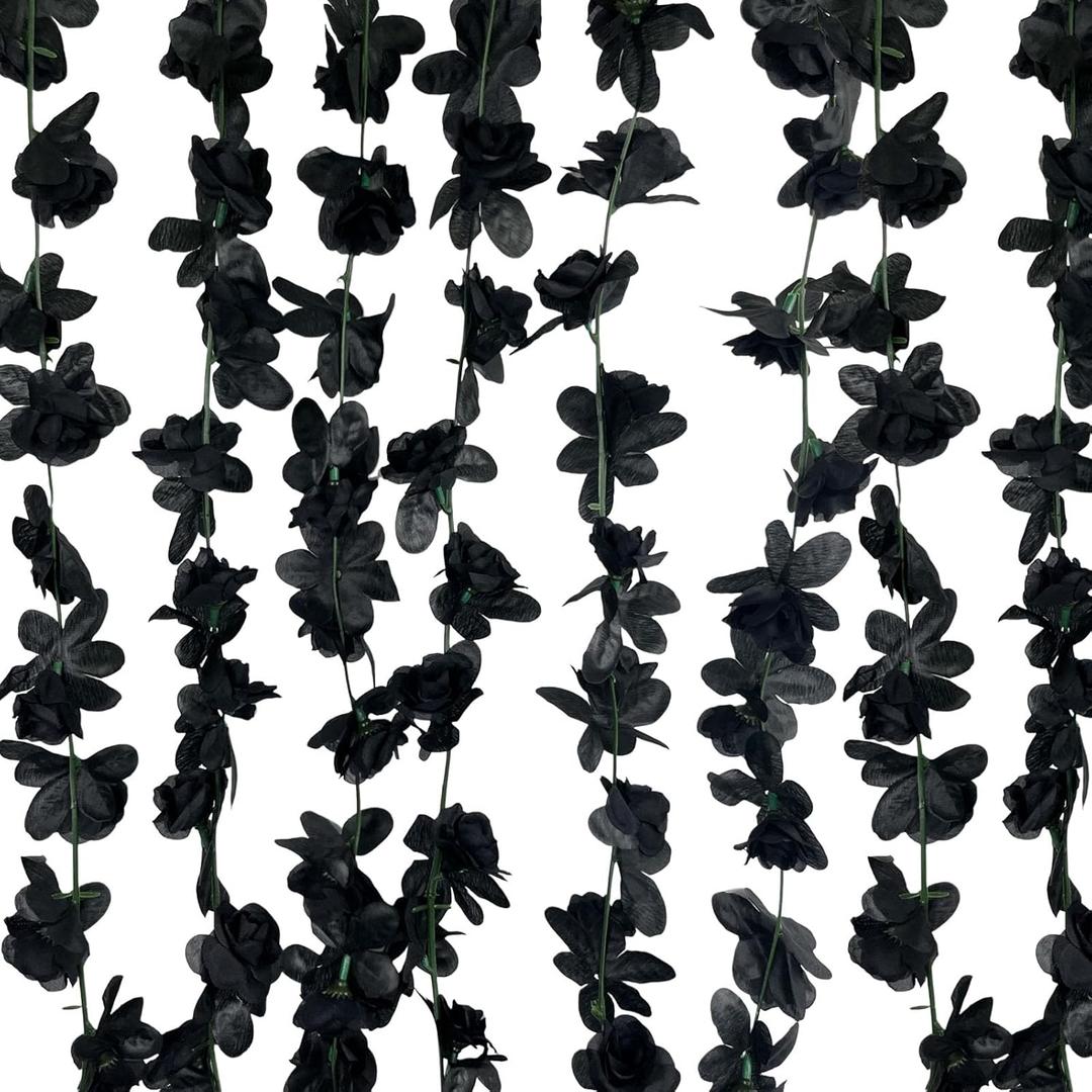 8Pcs 63Ft Black Rose Garland, Fake Flower Vines, Artificial Vine Flowers, Rose Hanging Garland for Party Wedding, Garden, Room Table, Halloween, Backdrop Wall Arch Decor