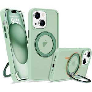 Compatible with iPhone 15 Case with 360° Rotatable Magnetic Ring Stand [Compatible with Mag-Safe] Translucent Shockproof Protective Phone Case for Women Men, Light Green