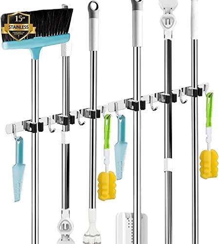 2 Pack 2 Racks and 4 Hooks Broom and Mop Holder Wall Mounted Garage Organizer Storage Tool Racks Stainless Steel Heavy Duty Hooks Self Adhesive Solid Non-slip Wall Hangers for Home Kitchen Garden